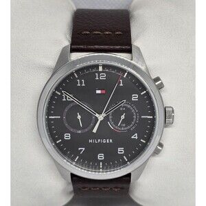 Men's Tommy Hilfiger Patrick Black Dial Silver Tone Brown Leather Strap Watch 13